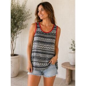 Gray Black Tribal Women’s Sleeveless Red Trim Flowy Blouse Split Back Sz Med